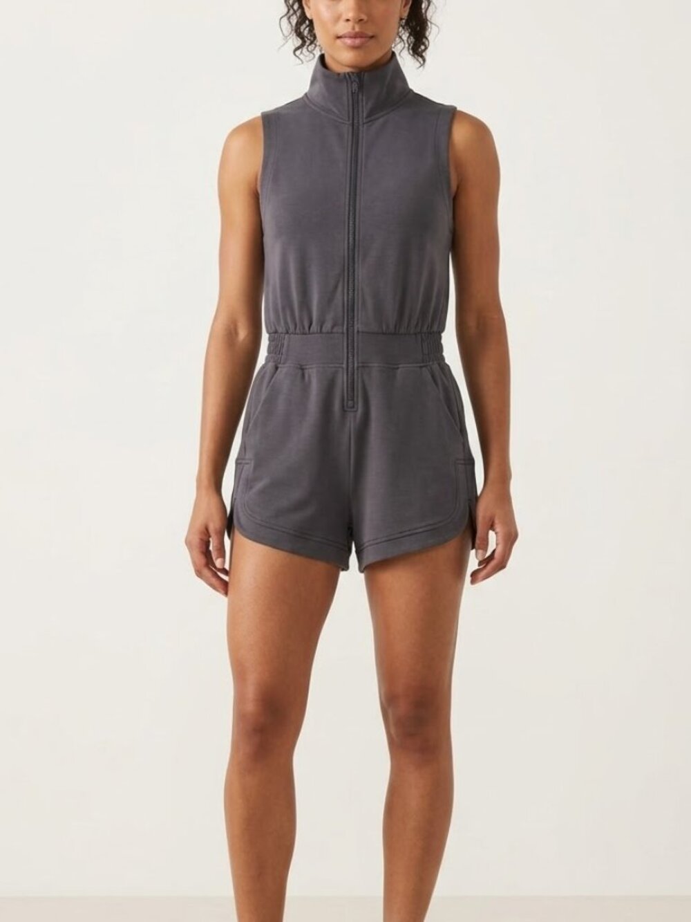 Avia Women's Mock Neck Zip Front Stretch Romper Gray Sz Small (4-6) Athleisure